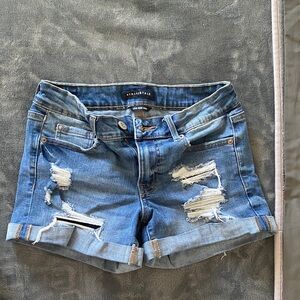 Aeropostale Blue Distressed Low Rise Midi Jean Shorts (Stretchy Material)